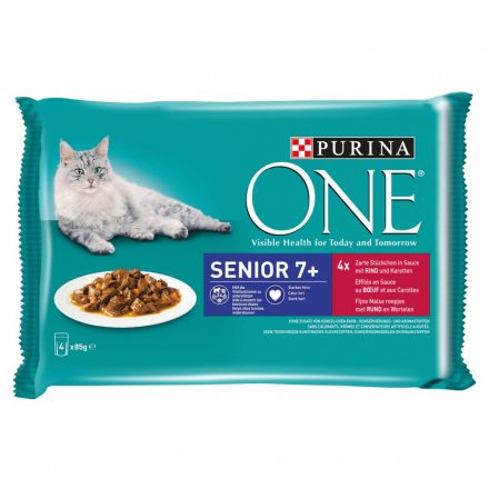 12x Purina One SENIOR Marhával és Sárgarépával alutasakos macskaeledel 4x85g