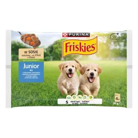   12x Friskies Dog 4x85g Junior Csirke + Sárgarépa szószban Alutasakos kutyaeledel 2512