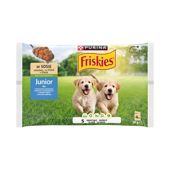 Friskies Dog 4x100g Junior Csirke + Sárgarépa szószban Alutasakos kutyaeledel