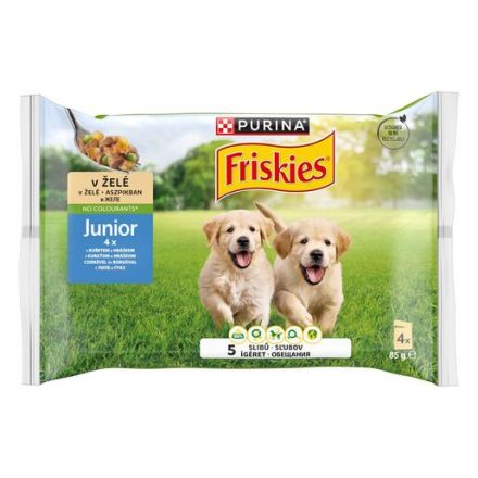 12x Friskies Dog 4x85g Junior Csirke + Borsó aszpikban Alutasakos kutyaeledel