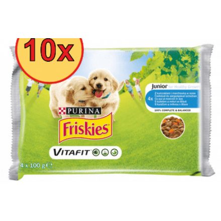 10x Friskies Dog 4x100g Junior Csirke + Borsó aszpikban Alutasakos kutyaeledel