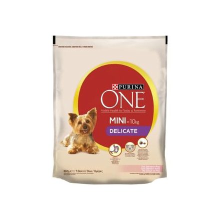 8x Purina ONE Mini Sensitive Lazaccal száraz kutyaeledel 800g