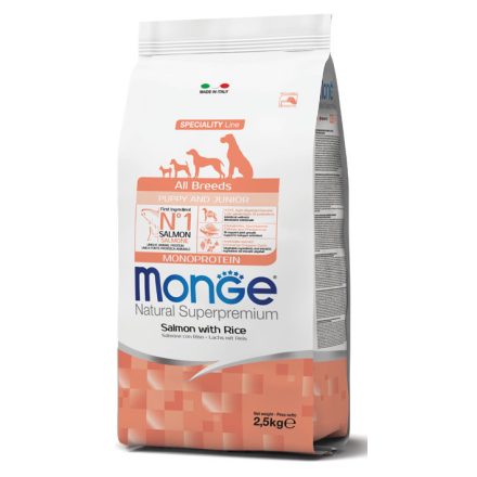 4x Monge Dog Speciality Line 2,5kg Puppy&Junior Lazac + Rizs Monoprotein (minden fajtának)