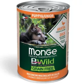   24x Monge Dog Bwild Gabonamentes 400g Konzerv Kölyök Kacsa + Sütőtök + Cukkini