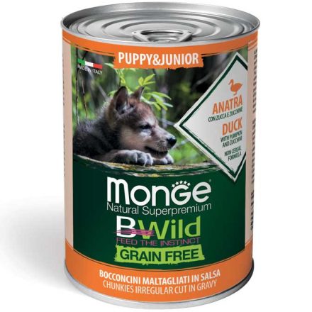 24x Monge Dog Bwild Gabonamentes 400g Konzerv Kölyök Kacsa + Sütőtök + Cukkini