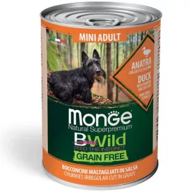   24x Monge Dog Bwild Gabonamentes 400g Konzerv Mini Kacsa + Sütőtök + Cukkini (kistestű)
