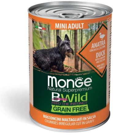 24x Monge Dog Bwild Gabonamentes 400g Konzerv Mini Kacsa + Sütőtök + Cukkini (kistestű)