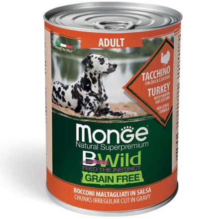 24x Monge Dog Bwild Gabonamentes 400g Konzerv Pulyka + Sütőtök + Cukkini