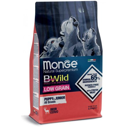 4x Monge BWild Alacsony Gabonatartalmú 2,5kg száraz Puppy&Junior Szarvas (minden fajtának)