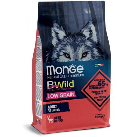 4x Monge BWild Alacsony Gabonatartalmú 2,5kg száraz Szarvas (minden fajtának)