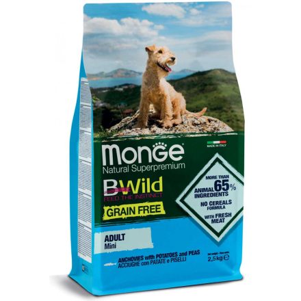 4x Monge BWild Gabonamentes 2,5kg száraz Mini Szardella + Burgonya + Borsó (minden kistestű fajtának)