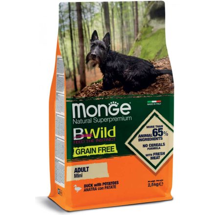 4x Monge BWild Gabonamentes 2,5kg száraz Mini Kacsa + Burgonya (minden kistestű fajtának)
