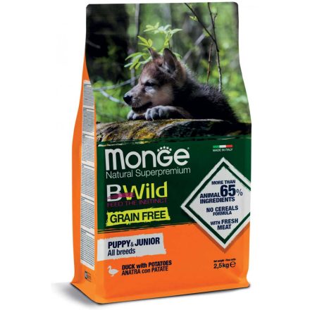 4x Monge BWild Gabonamentes 2,5kg száraz Puppy&Junior Kacsa + Burgonya (minden fajtának)