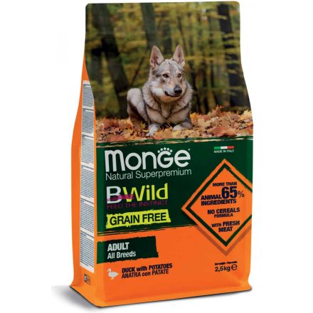 4x Monge BWild Gabonamentes 2,5kg száraz Kacsa + Burgonya (minden fajtának)