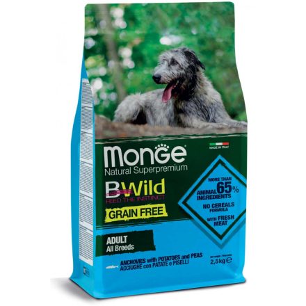 4x Monge BWild Gabonamentes 2,5kg száraz Szardella + Burgonya + Borsó (minden fajtának)
