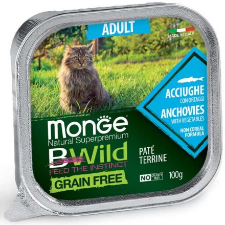 32x Monge Cat Bwild Gabonamentes Paté Terrine 100g Alutálca Szardella + Zöldség