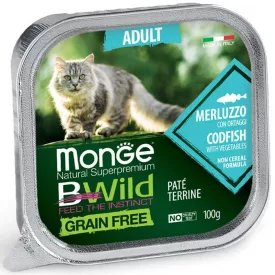   32x Monge Cat Bwild Gabonamentes Paté Terrine 100g Alutálca Tőkehal + Zöldség