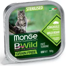   32x Monge Cat Bwild Gabonamentes Paté Terrine 100g Alutálca Steril Vaddisznó + Zöldség