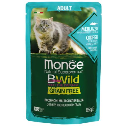 Monge Cat Bwild Gabonamentes 85g Alutasak Tőkehal, Rák + Zöldség