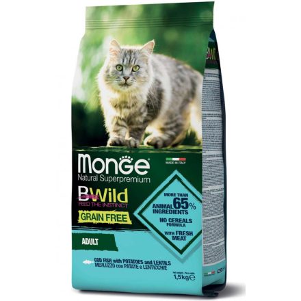 6x Monge Cat Bwild Gabonamentes 1,5kg száraz Tőkehal + Burgonya + Lencse