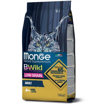 6x Monge Cat Bwild Alacsony Gabonatartalmú 1,5kg száraz Mezei Nyúl