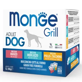  4x Monge Dog Grill 12x100g Alutasak Marha, Tőkehal, Csirke + Pulyka