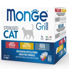   4x Monge Cat Grill 12x85g Alutasak Steril Borjú, Kakas, Pisztráng