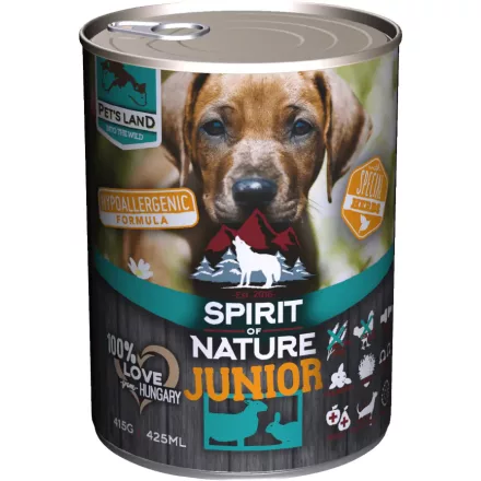 12x Spirit of Nature Hipoallergén JUNIOR KUTYA konzerv 415g Bárány és Mezei nyúl