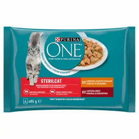   12x Purina One STERILCAT Csirkével és Zöldbabbal, Marhával és Sárgarépával alutasakos macskaeledel 4x85g 327