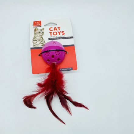 Macskajáték, műanyag, tollas, csörgős kb 5cm, RÓZSASZÍN