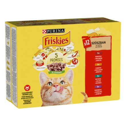 6x Friskies 12x85g Piros Csirke + Marha + Bárány + Kacsa Alutasakos macskaeledel 081