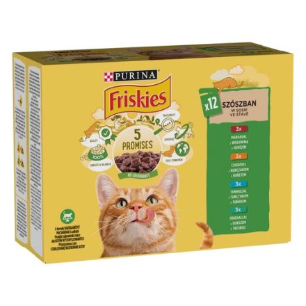 6x Friskies 12x85g Zöld Marha + Csirke + Tonhal + Tőkehal Alutasakos macskaeledel 077