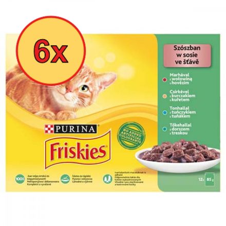 6x Friskies 12x85g Zöld Marha + Csirke + Tonhal + Tőkehal Alutasakos macskaeledel 077