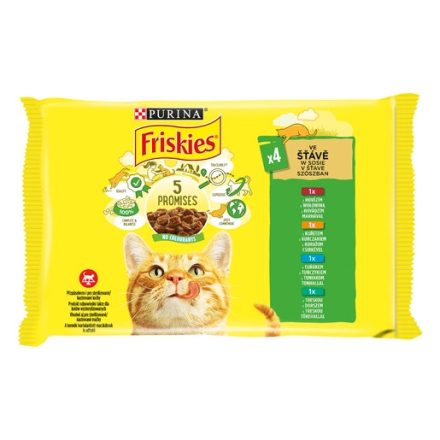 12x Friskies 4x85g Zöld Marha + Csirke + Tonhal + Tőkehal  Alutasakos macskaeledel