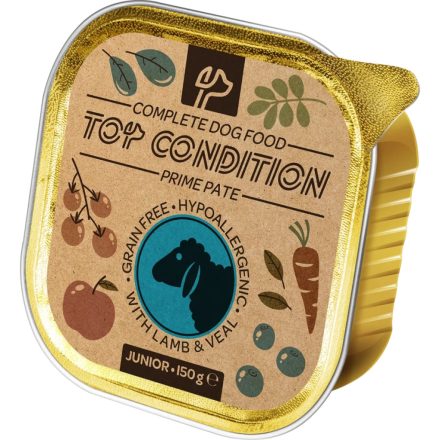 10x Top Condition pate Gabonamentes Hipoallergén Alutálcás JUNIOR kutyaeledel 150g Báránnyal és Borjúval