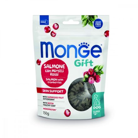 10x Monge Gift Bőr- és szőrápoló - Lazac és vörösáfonya 150g  jutalomfalat kutyáknak