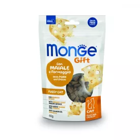   10x Monge Gift  Válogatós macskáknak - Sertéshús és sajt 60g jutalomfalat macskáknak