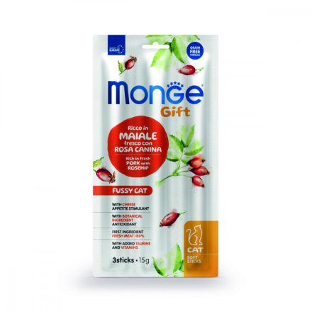35x Monge Gift  Válogatós macskáknak - Sertéshús csipkebogyóval és sajttal 15g jutalomfalat macskáknak