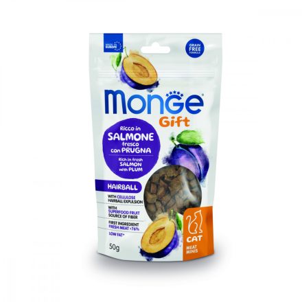 12x Monge Gift  Hairball - Lazac és szilva 50g jutalomfalat macskáknak