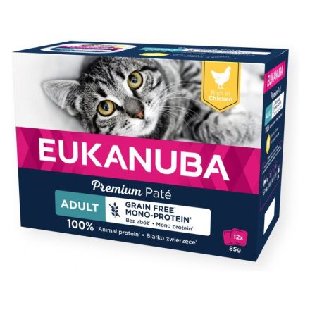 EUKANUBA CAT Gabonamentes 12x85g Csirke Pate Adult alutálcás macskaeledel felnőttmacskák számára