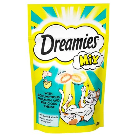 6x Dreamies jutalomfalat macskák számára 60g Mix Lazaccal és sajttal