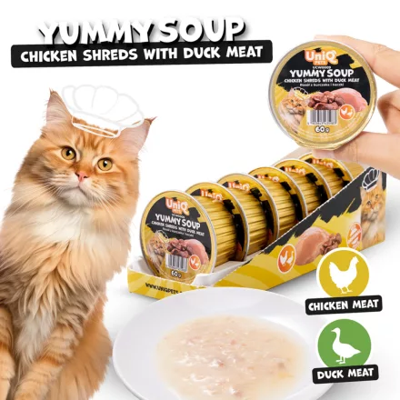 6x UNIQ PETS MACSKA Alutálcás Nedves Eledel 60g csirkecsíkok kacsahússal (UCW0009)