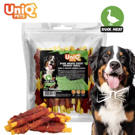 UNIQ PETS KUTYASNACK Kacsahússal tekert édesburgonya rudacskák 500g (UDS0084)