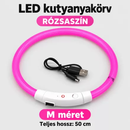 LED fényvezető szálas világító kutyanyakörv, méretre vágható –  M, Rózsaszín, (50cm)