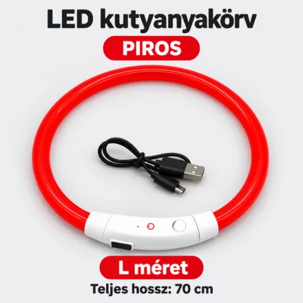 LED fényvezető szálas világító kutyanyakörv, méretre vágható –  L, Piros, (70cm)