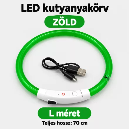 LED fényvezető szálas világító kutyanyakörv, méretre vágható –  L, Zöld, (70cm)