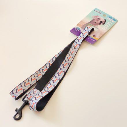 Póráz textil - fekete, fém karabinerrel - M - 2cm x 120cm - VILÁGOSKÉK, színes csontokkal