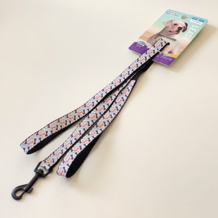 Póráz textil - fekete, fém karabinerrel - S - 1,5cm x 120cm - világoskék, színes csontokkal
