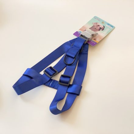 Textil hám szürke, műanyag, csont alakú csattal - L - 2,5cm x 60-76cm - SÖTÉTKÉK
