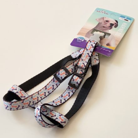 Hám textil - szürke műanyag csont alakú csattal - S - 1,5cm x 30-45cm - világoskék, színes csontokkal